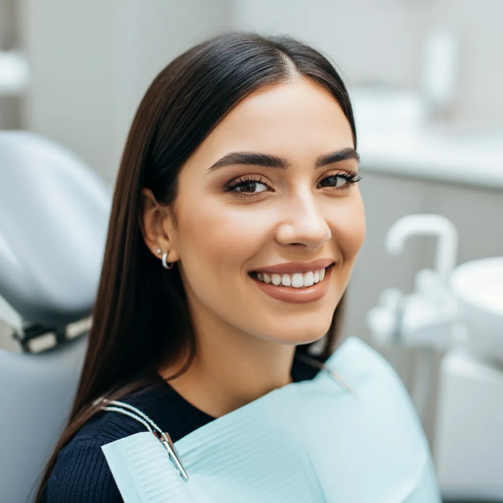 Smiling woman with perfect white teeth sitting in a dental chair wearing a dental bib.