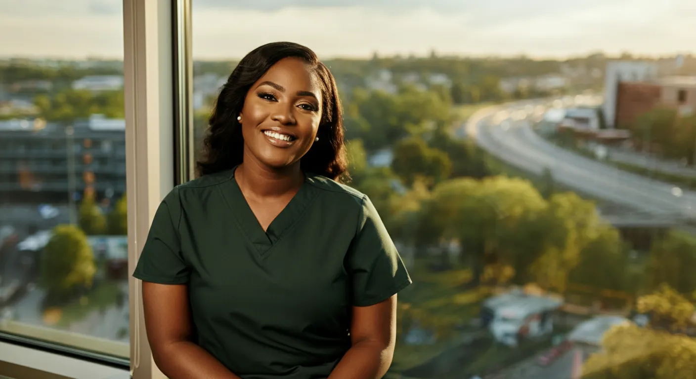 Smiling woman in dark green medical scrubs sitting by a window with an urban landscape behind her.