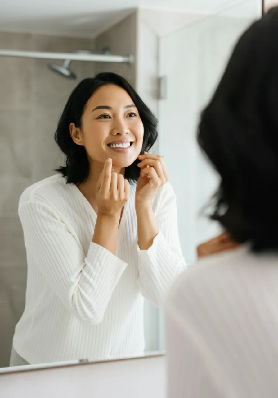 Smiling woman in white sweater looking at her reflection in the bathroom mirror.
