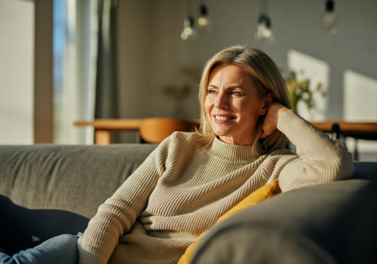 Smiling middle-aged woman relaxing on a gray sofa in a warmly lit living room.