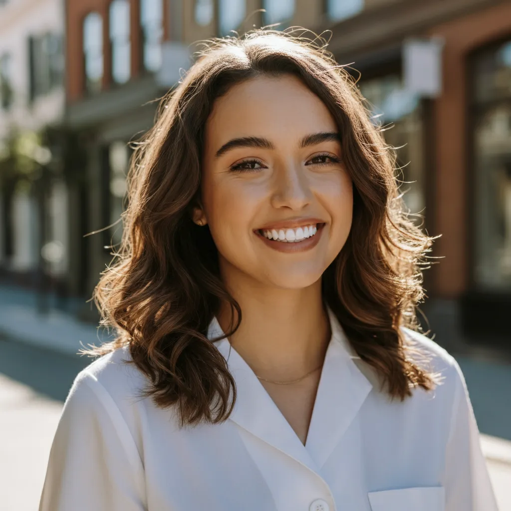 Smiling woman with wavy brown hair and white shirt outdoors on sunny street.