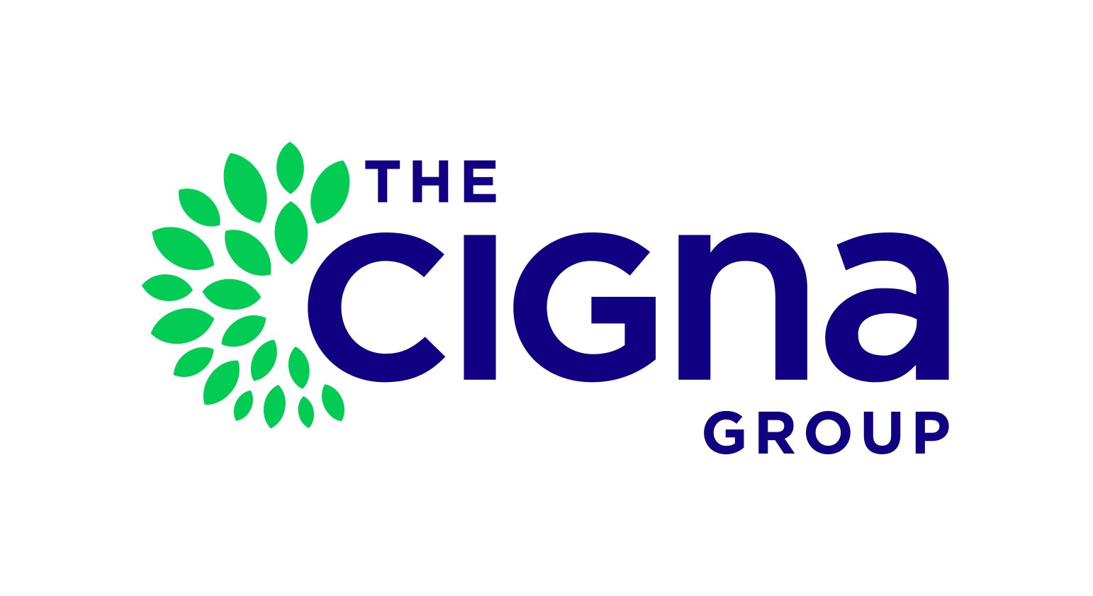 The Cigna Group logo with green leaf design and blue text on a white background.