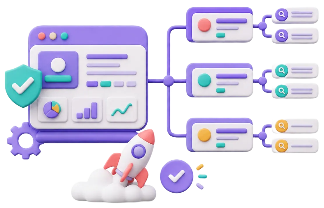 Dashboard interface with charts and connected nodes, rocket launching from cloud symbolizing startup launch.