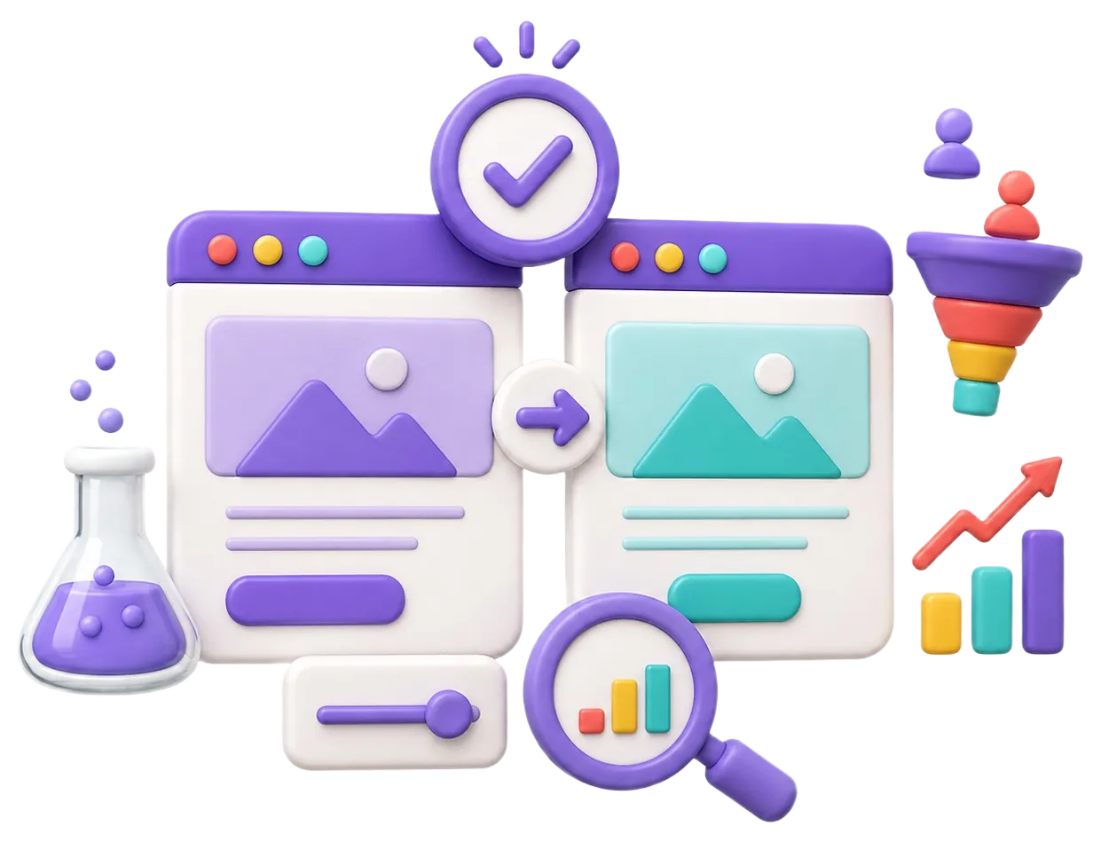 Illustration of data transfer between two browser windows with analytics, funnel, and growth icons.