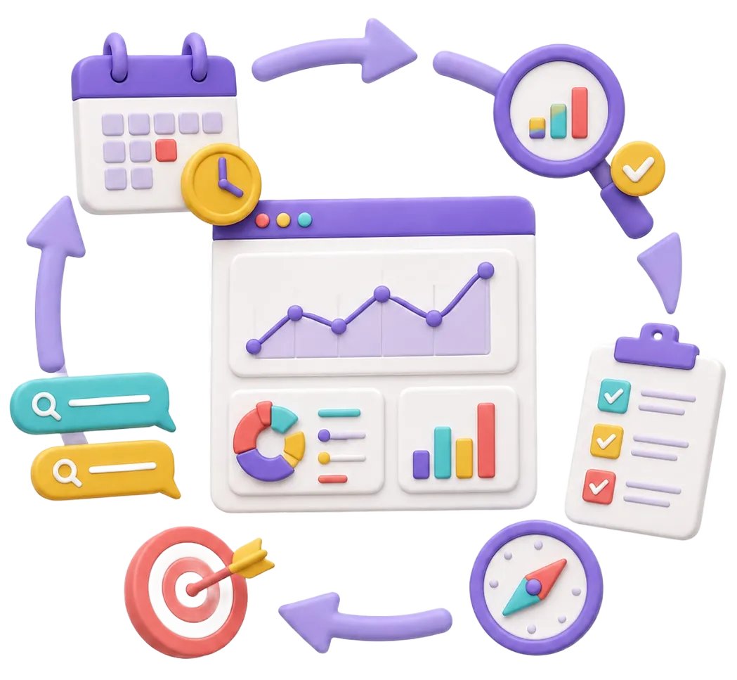 Round infographic showing data charts, calendar, clock, checklist, target, magnifying glass, and compass icons.