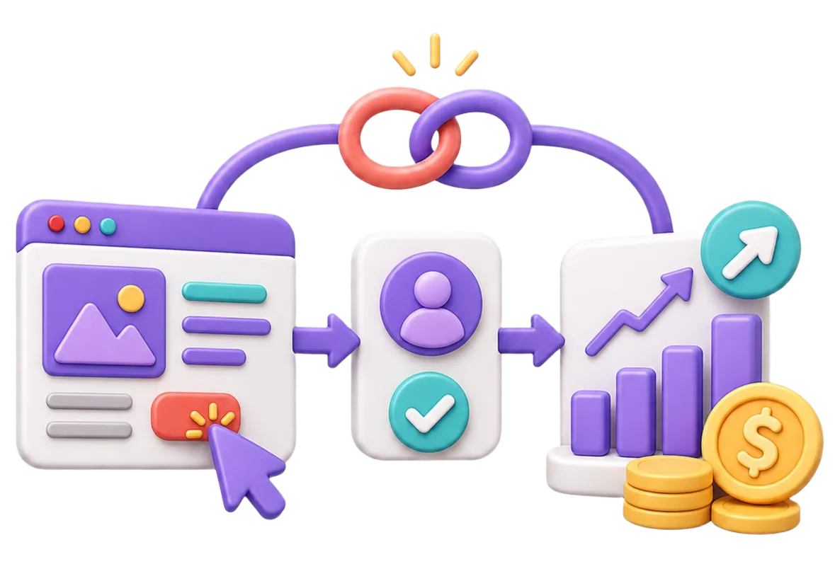 Illustration of a website click leading to user verification and then increasing financial growth chart.