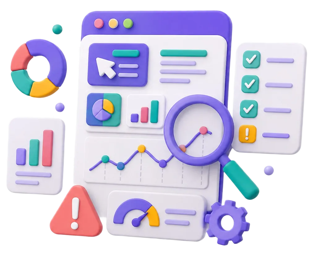 Dashboard with charts, graphs, checklist, warning sign, magnifying glass, and gear icon in colorful 3D style.