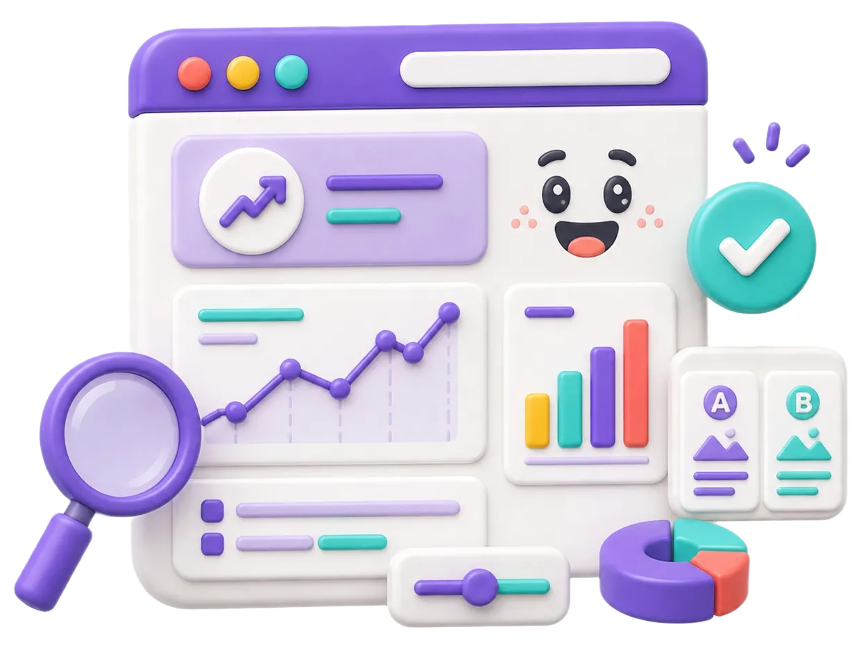 Cartoon-style dashboard with graphs, charts, a magnifying glass, and a happy face icon.