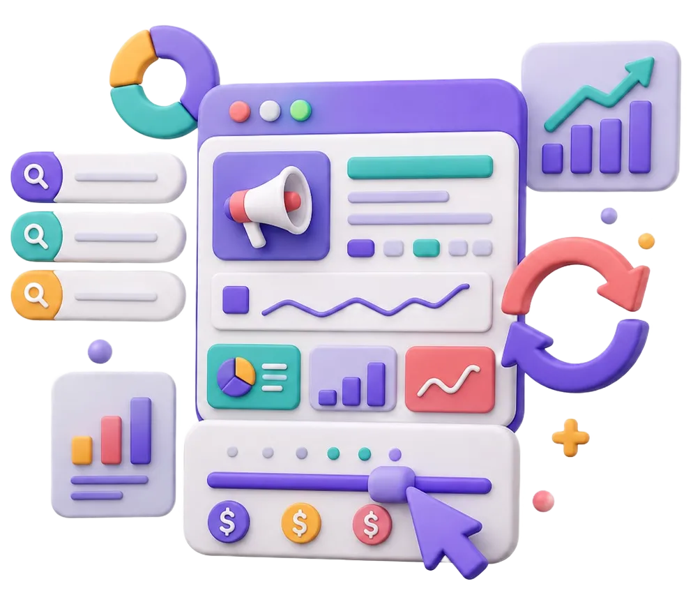 3D illustration of a digital dashboard with charts, graphs, search icons, and a cursor over a slider.