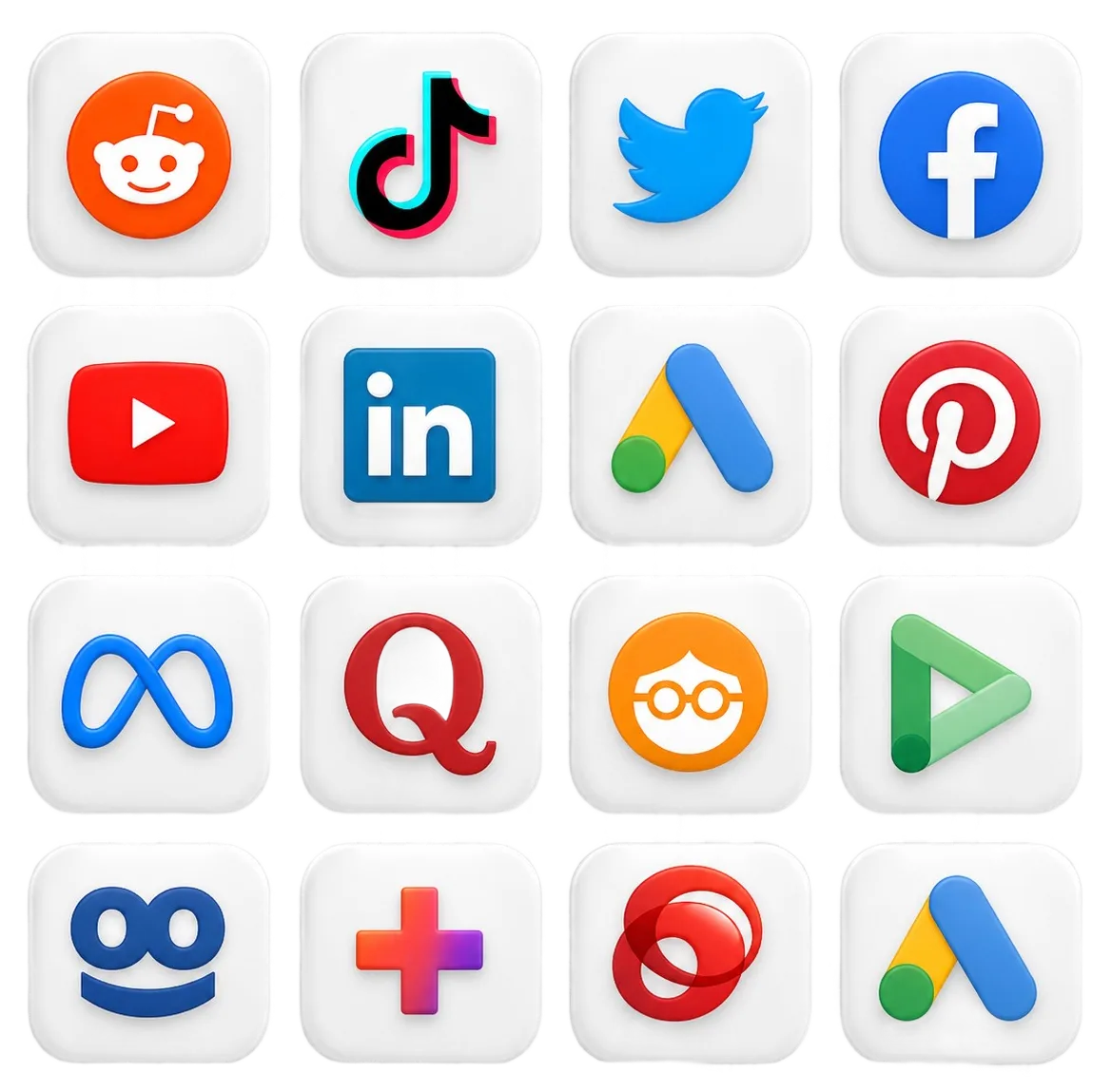 Grid of popular social media and app icons including Reddit, TikTok, Twitter, Facebook, YouTube, LinkedIn, and Pinterest.