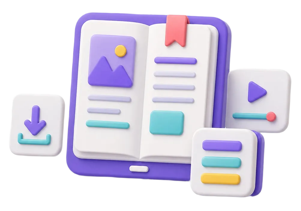 3D illustration of an open digital book with icons for download, play, and text formatting.