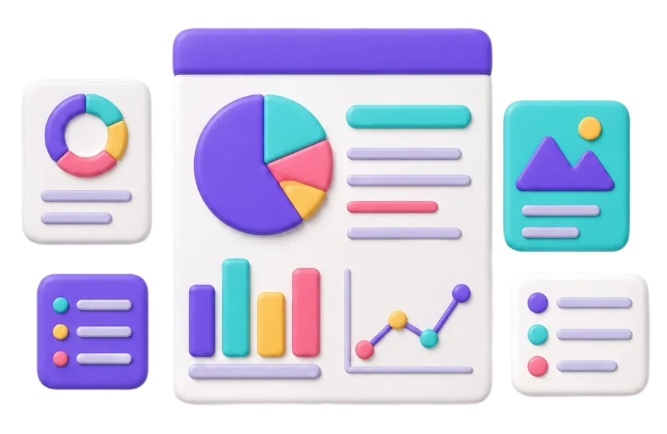 Colorful 3D pie chart, bar graph, line chart, and infographic style icons on white background.