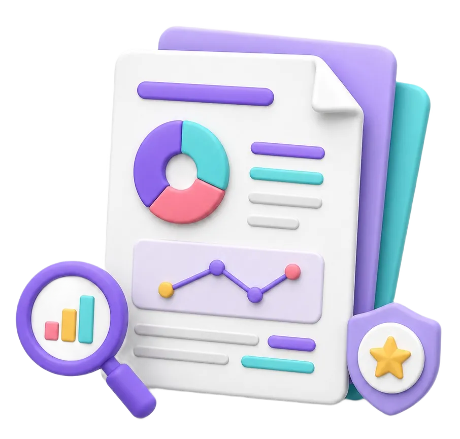 Colorful 3D charts and graphs on stacked documents with a magnifying glass and shield icon.