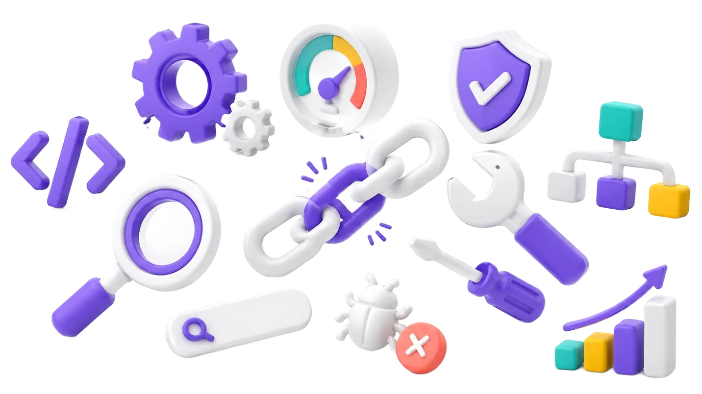 3D icons of coding, gears, speedometer, shield, search, tools, bug, link, and growth chart.