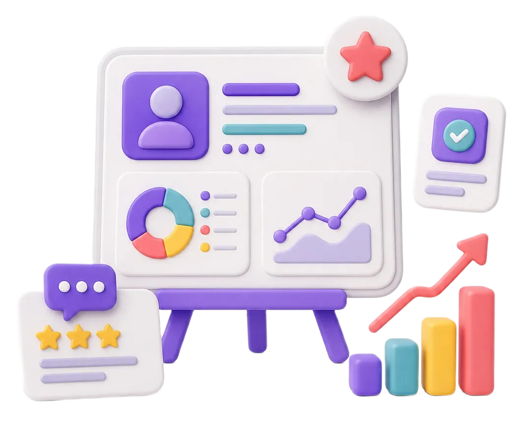 3D dashboard with charts, star rating, user icon, and upward trending bar graph and arrow.
