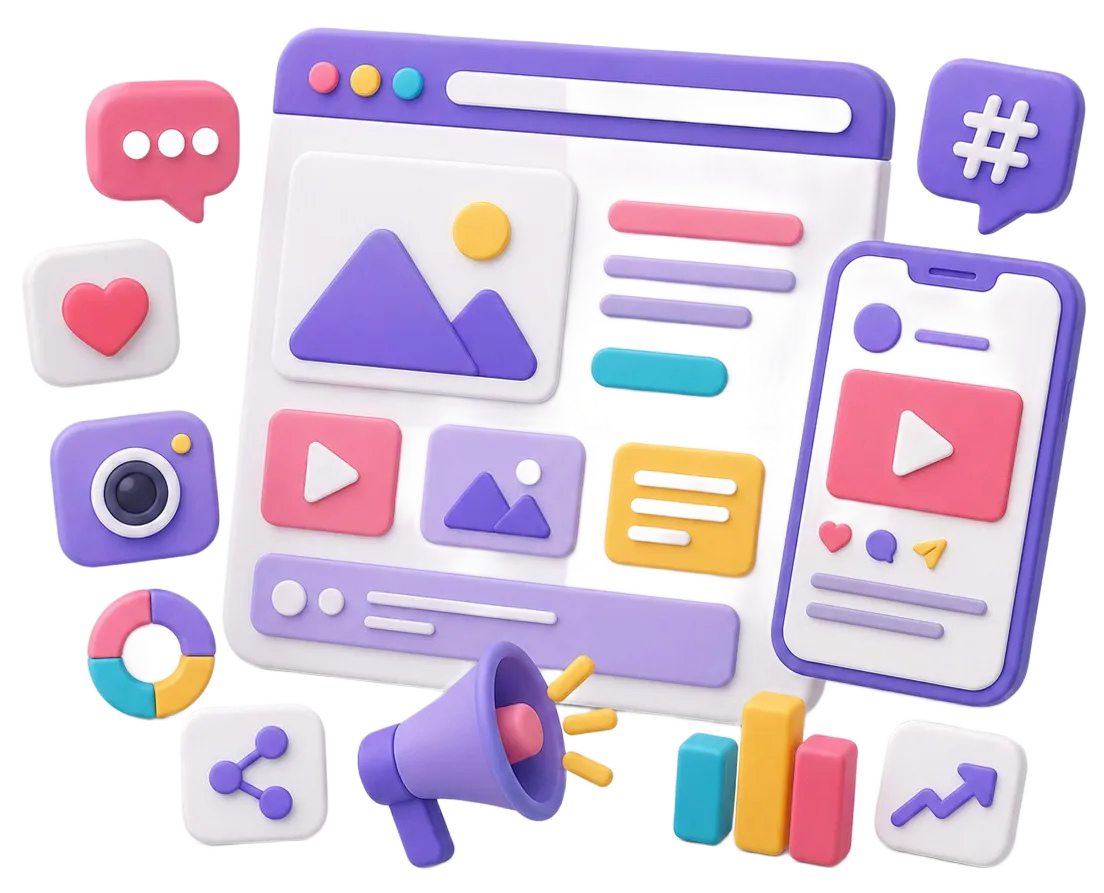 Colorful 3D icons of social media elements like chat, video, hashtags, and graphs on digital devices.