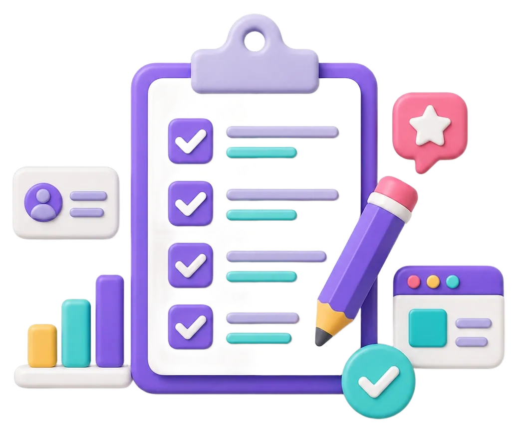 Clipboard with checklist, pencil, charts, user icon, and star rating symbols in purple and teal colors.
