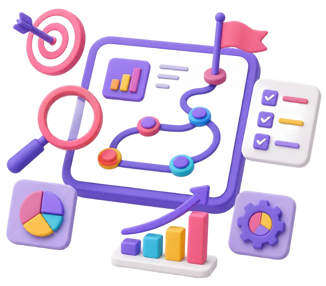 Illustration of a strategy map with a flag, charts, checklist, magnifying glass, and target with arrow.