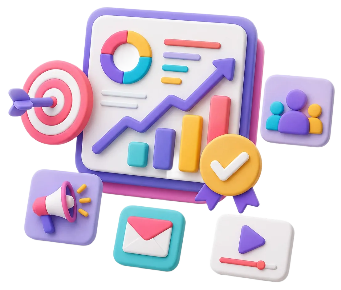 Colorful 3D business chart with upward arrow, target with arrow, and communication icons.