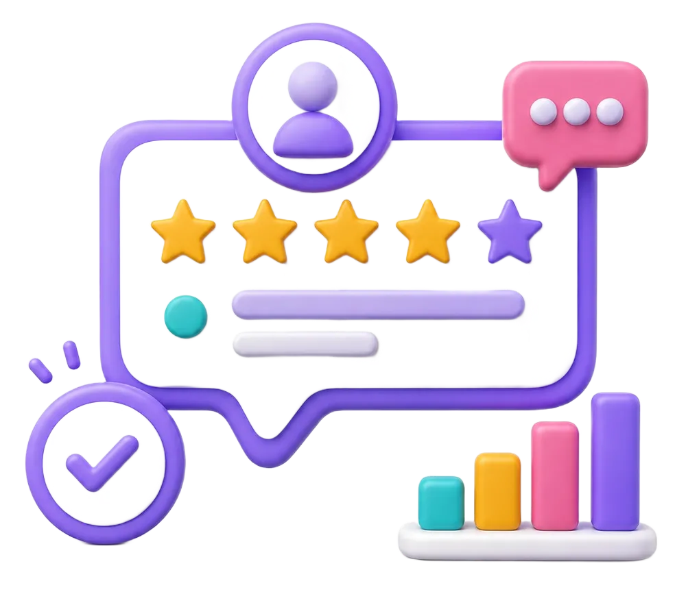 User review speech bubble with four gold stars, one purple star, a check mark, and a colorful bar chart.