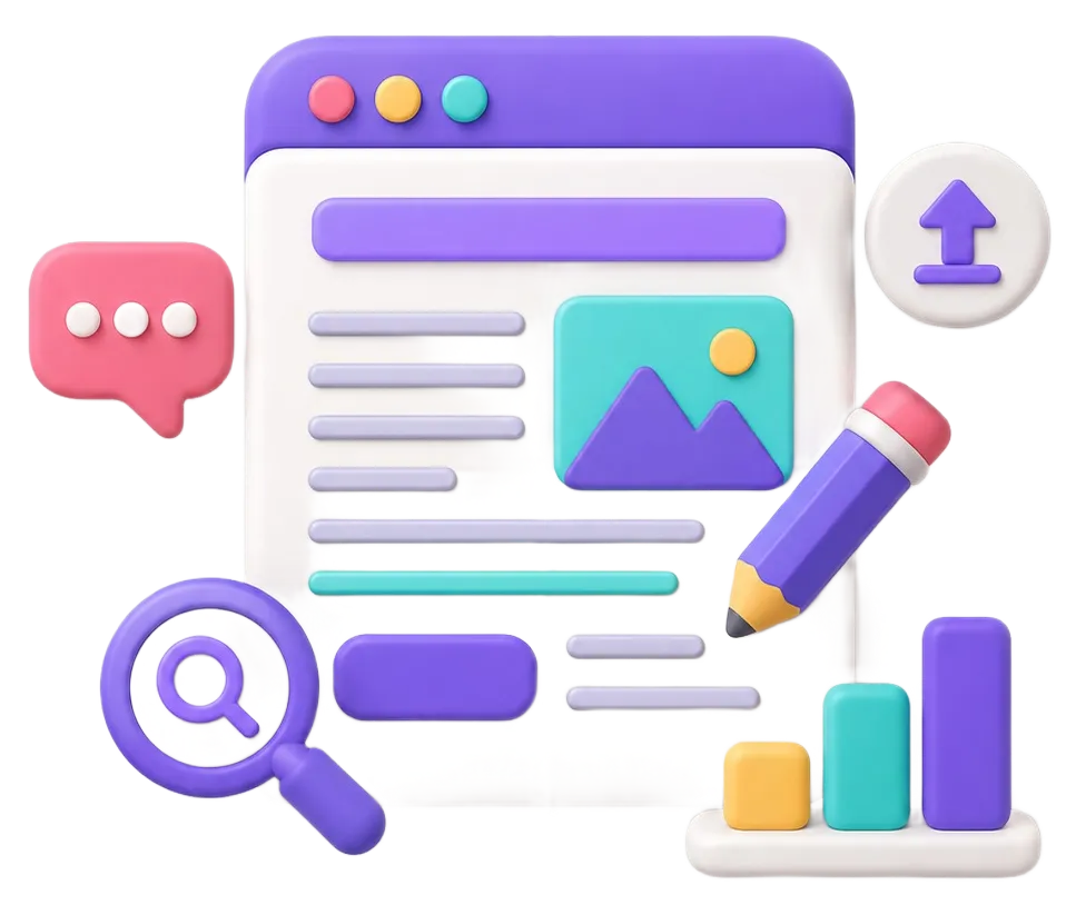 3D illustration of a web page with a pencil, magnifying glass, speech bubble, upload icon, and bar chart.