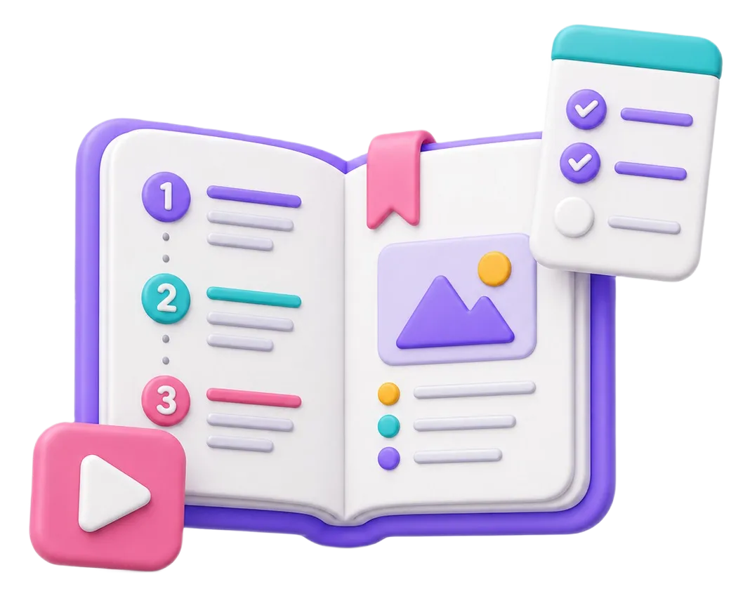3D illustration of an open book with numbered lists, image placeholder, play button, and checklist icons.