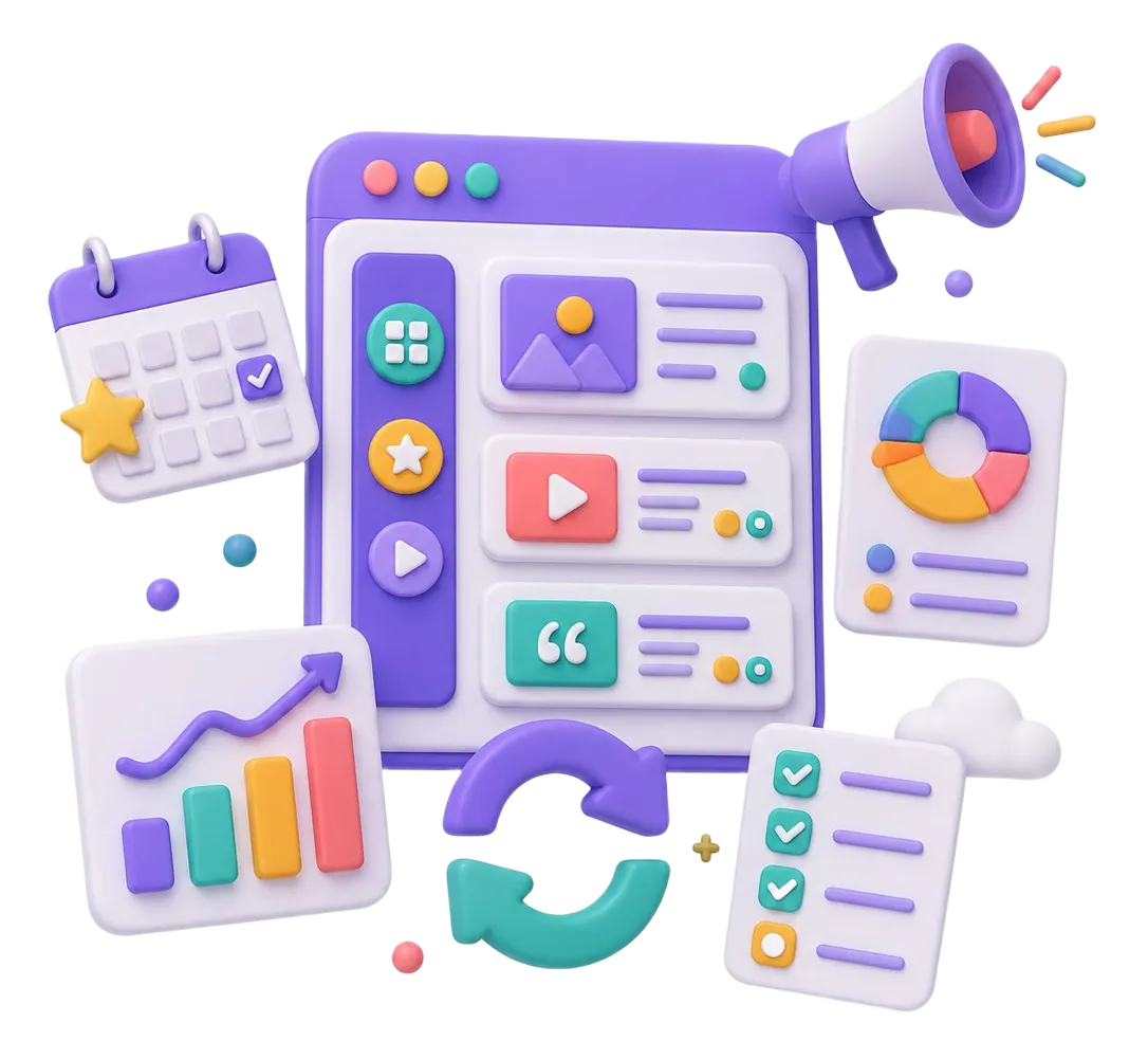 Colorful 3D icons of calendar, charts, checklist, megaphone, and a browser window with multimedia content.