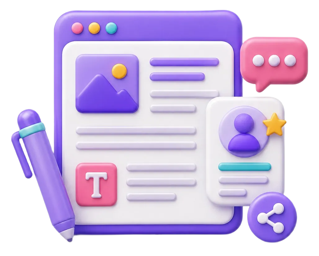 3D illustration of a purple webpage with text, image, user profile, pen, chat bubble, and share icon.