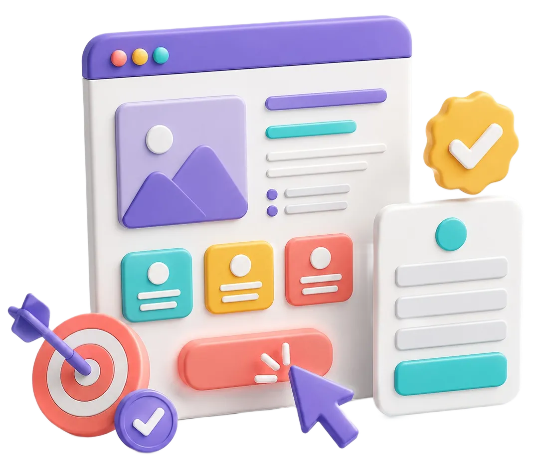 3D illustration of a website interface with icons, a target, checkmarks, and a large cursor clicking a button.