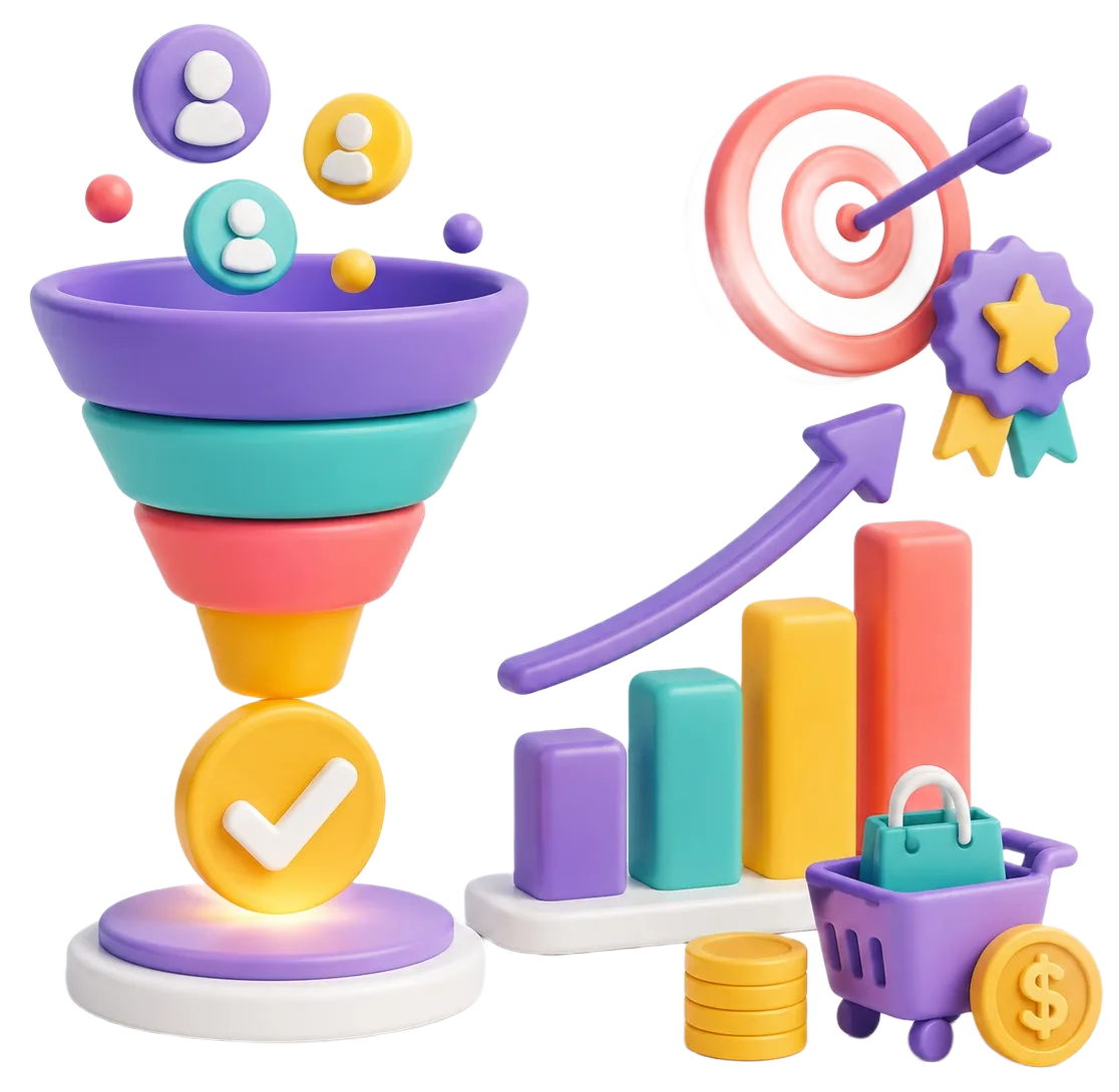 Colorful sales funnel, rising bar chart, arrow to target with medal, shopping cart, and dollar coins.