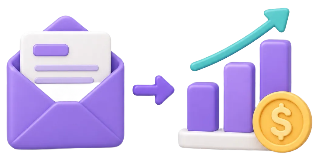 Purple envelope with letter leading to a rising bar chart and dollar coin symbolizing growth.