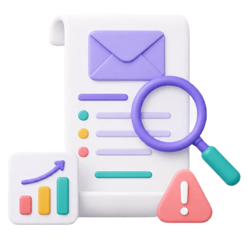 3D icon of a document with an envelope, magnifying glass, alert sign, and growing bar chart.