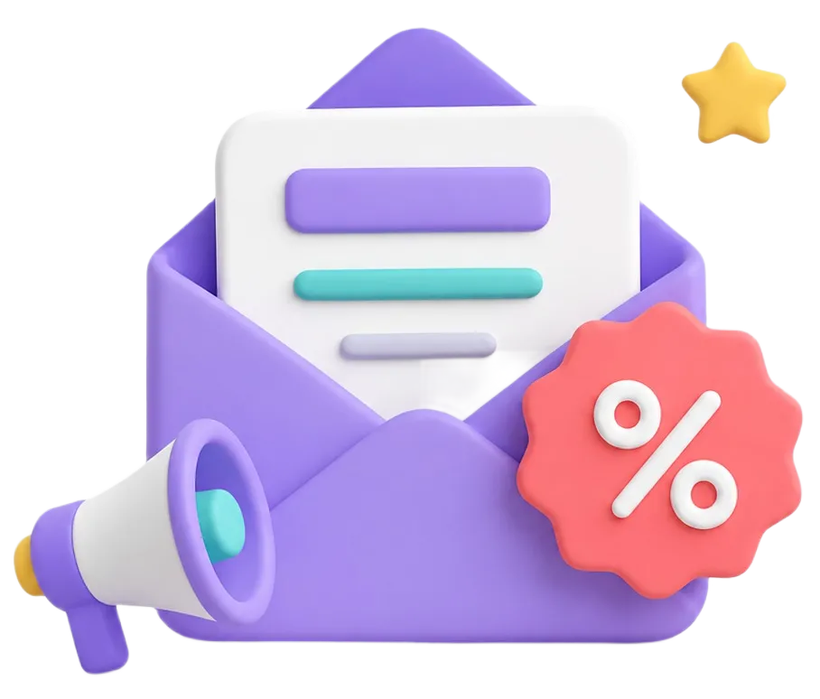 Purple envelope with a letter, a megaphone, a percent sign badge, and a yellow star symbol.
