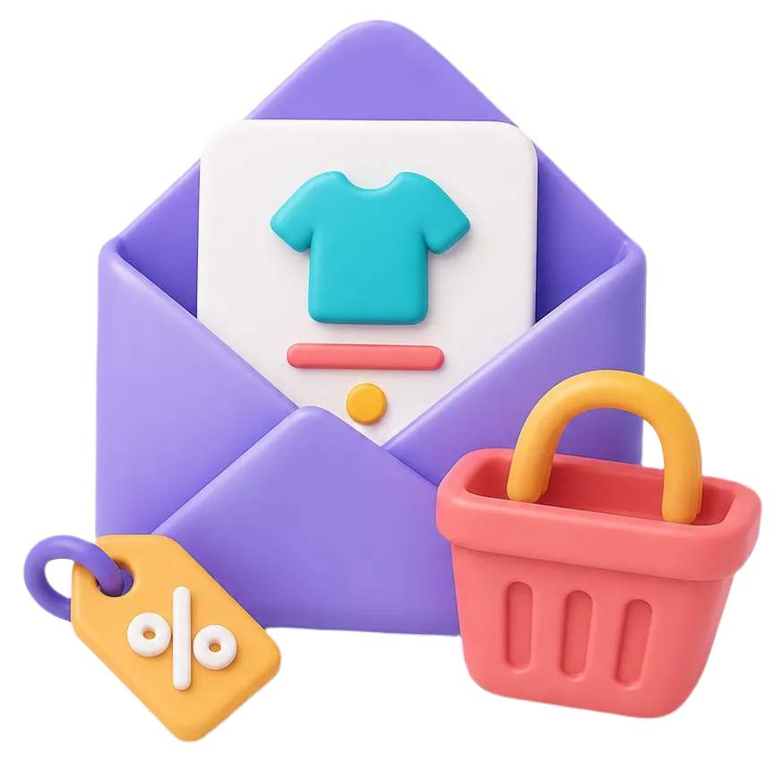 Purple envelope with a card showing a blue shirt, a yellow discount tag, and a pink shopping basket.