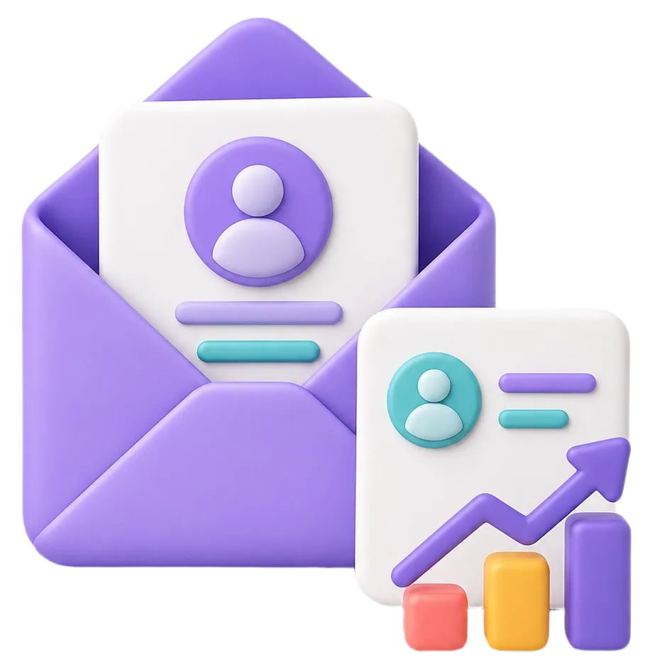 Purple envelope with user profile and growth chart with colored bars and an upward arrow.