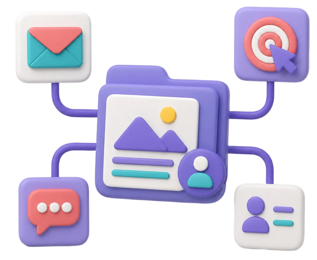 Purple folder with image and user icon connected to icons of email, target, chat bubble, and user profile.