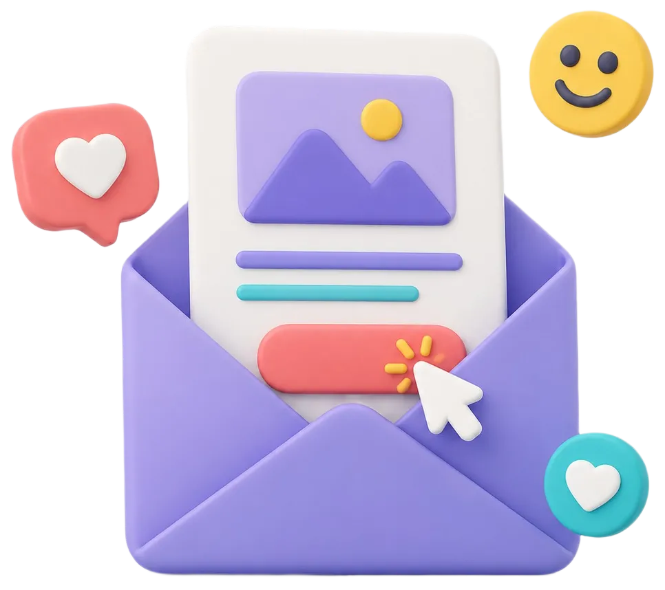 Purple open envelope with a letter showing a mountain image and clicking a red button, surrounded by hearts and smiley icons.