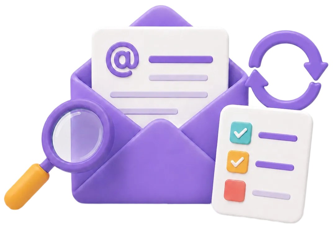 Purple envelope with email symbol, magnifying glass, checklist, and refresh arrows icons.