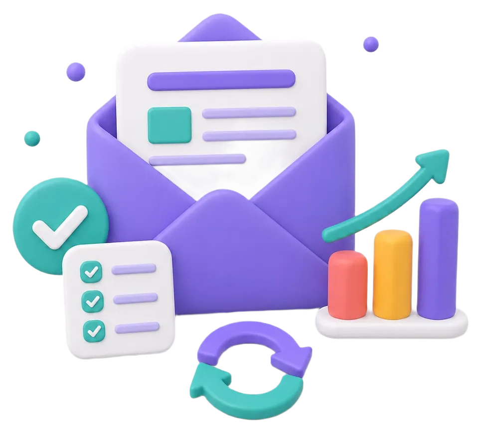Purple envelope with a letter, checklist with ticks, circular refresh arrows, and ascending bar chart with arrow.