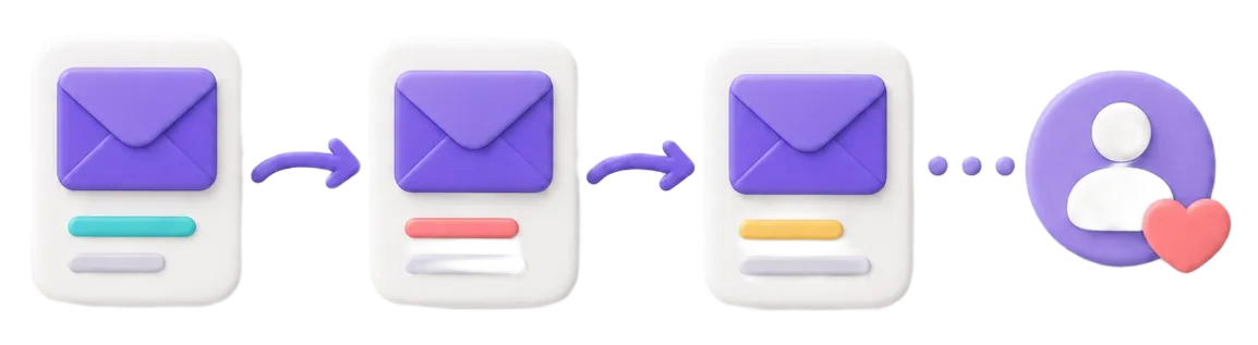 Illustration of three purple mail icons connected by arrows leading to a user avatar with a heart symbol.