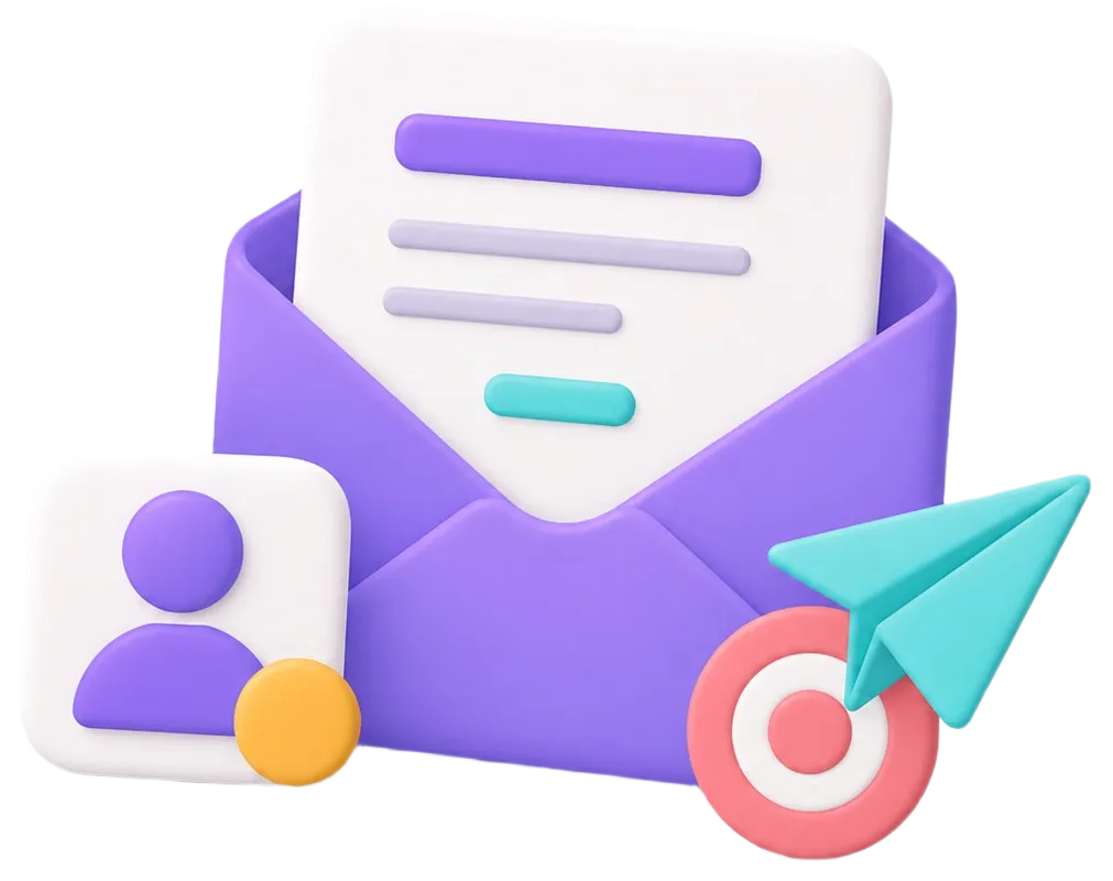 3D purple envelope with letter, paper plane, user icon, and target symbol representing messaging.
