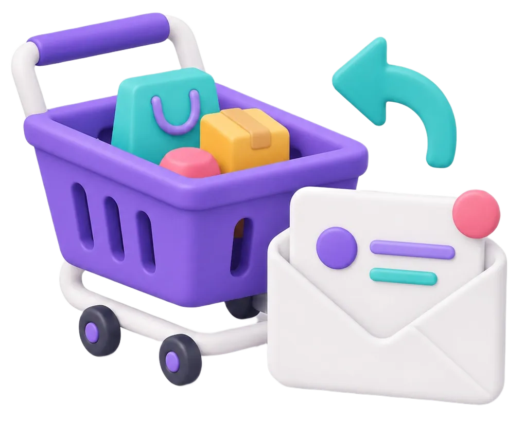 3D shopping cart with bags and box beside an open envelope with a reply arrow above it