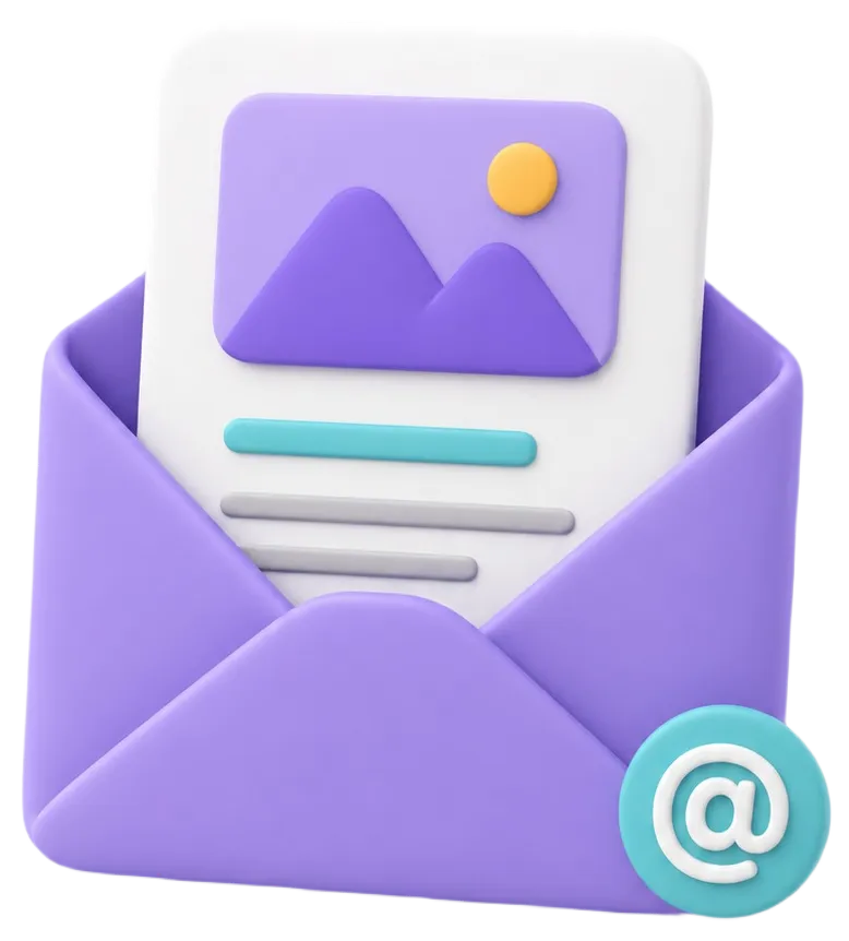 Purple envelope with a letter showing an image icon and text lines, with an @ symbol badge.