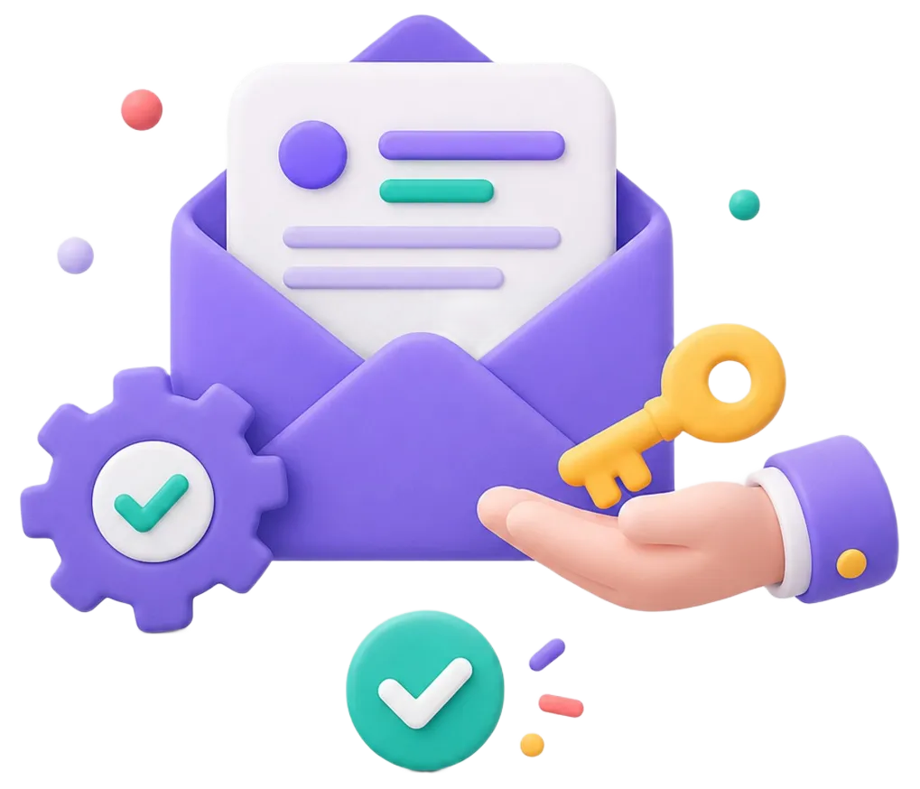 Hand holding a yellow key near a purple envelope with a letter and checkmark icons.