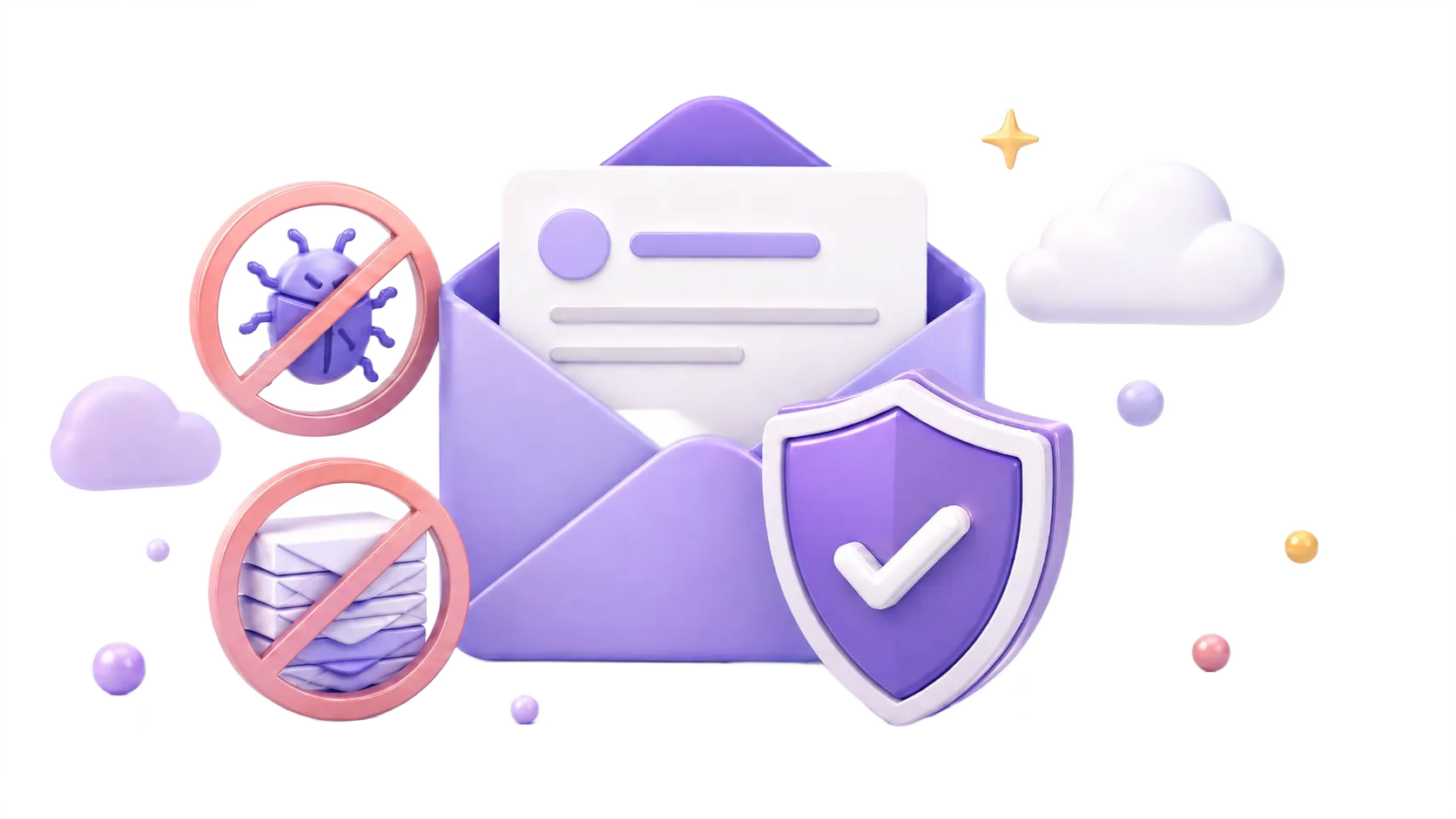 Purple envelope with a letter, shield with checkmark, and icons blocking bugs and spam emails.