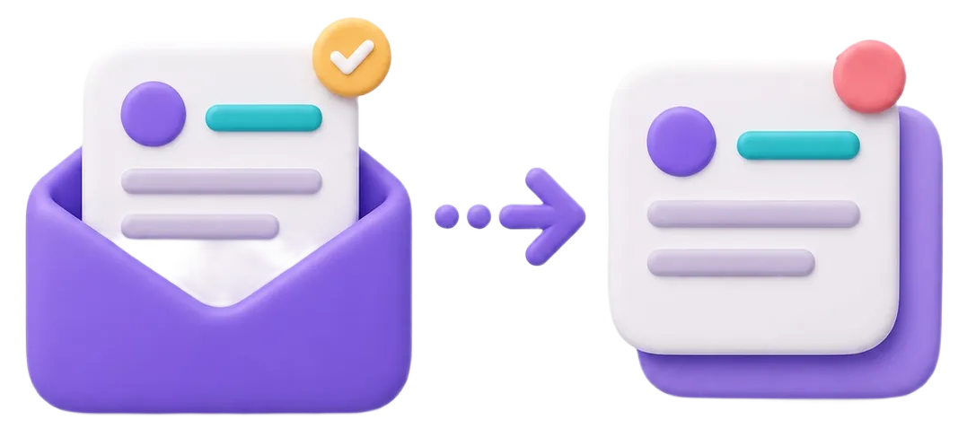 Illustration of an email with a checkmark transforming into a notification icon with a red dot.