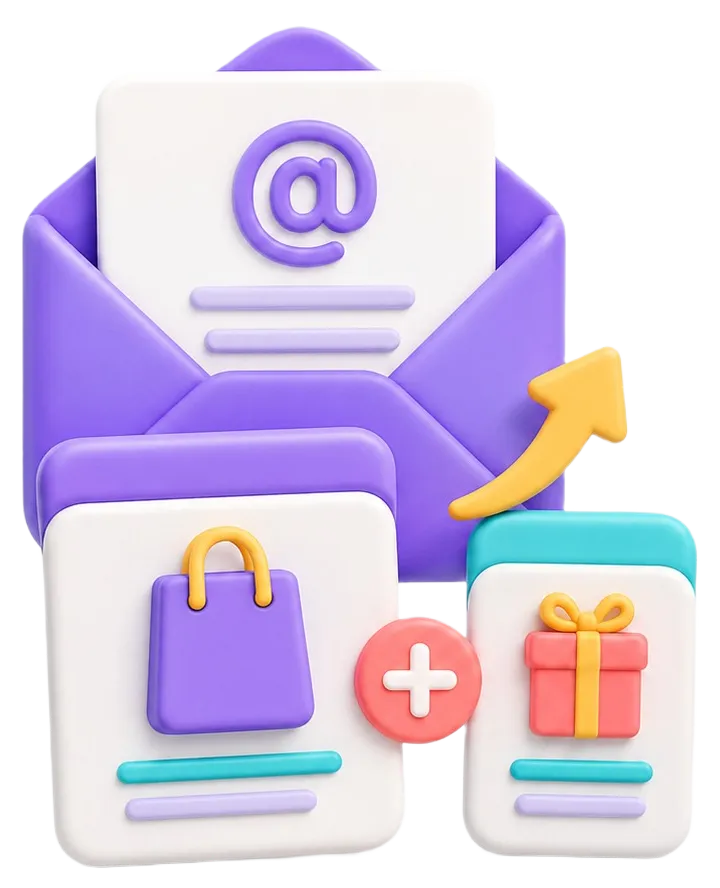 3D icons of a purple email envelope, shopping bag, gift box, and a yellow arrow pointing upward.