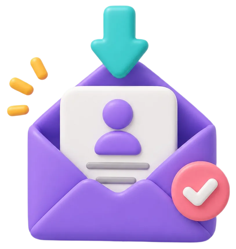 Purple envelope with a profile card inside, green arrow pointing down, and pink checkmark icon.