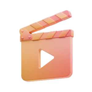 3D orange and pink movie clapperboard icon with play button cutout.