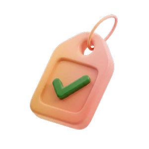 Peach-colored tag with a green checkmark and a loop at the top.